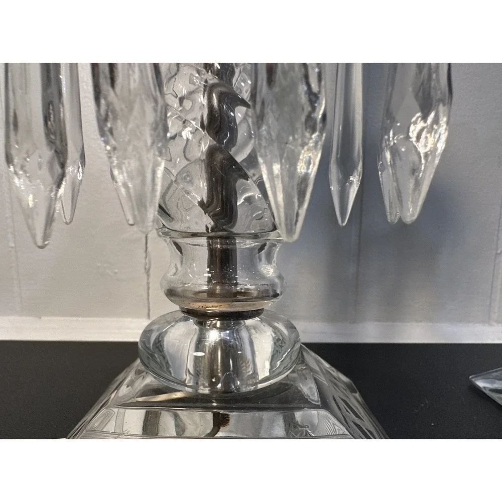 Pair of Large Cut Etched Crystal‎ Hurricane Lustre Mantle Lamps Drop Prisms